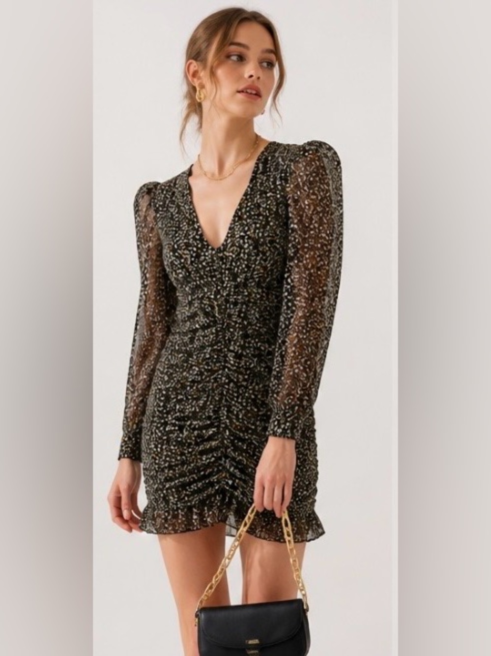 ASTR The Label Dress Kimbra Ditsy Black Yellow Floral Ruched Puff Boho